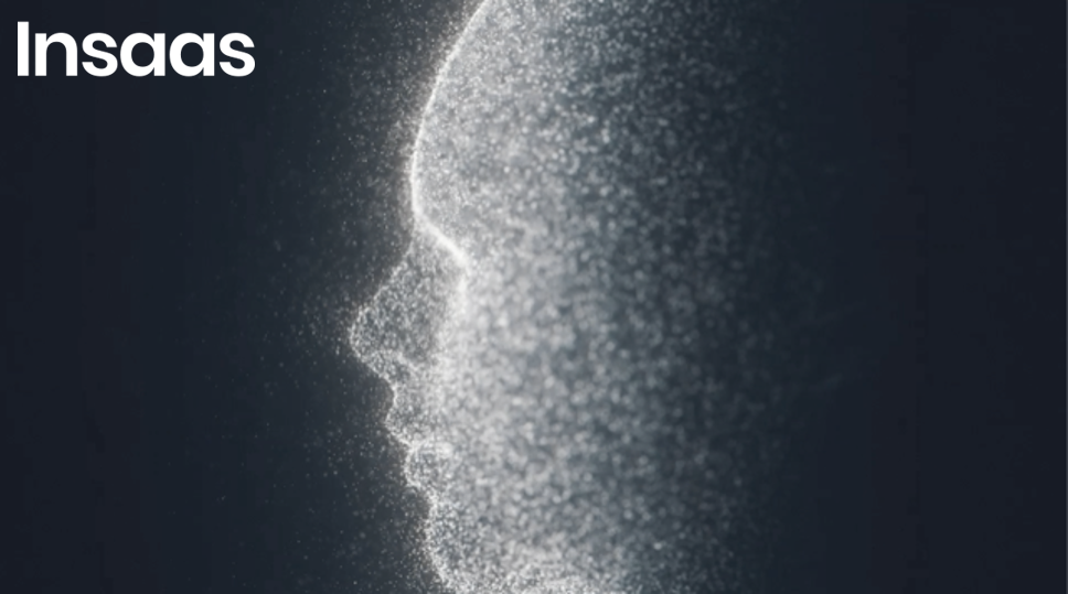 AI digital human profile formed from glowing data particles with Insaas corporate logo.