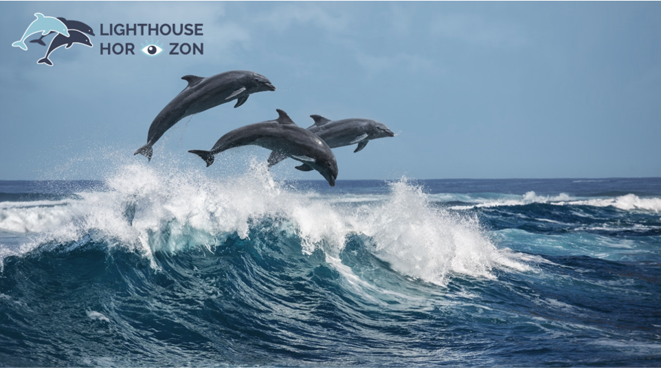 Dolphins leaping over ocean waves with Lighthouse Horizon corporate logo.