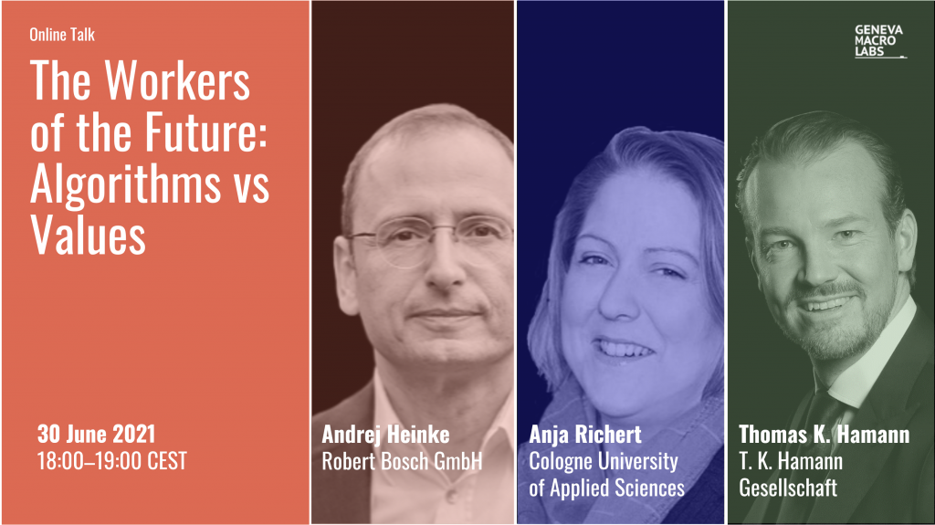 Geneva Macro Labs online talk poster, Workers of the Future: Algorithms vs Values.