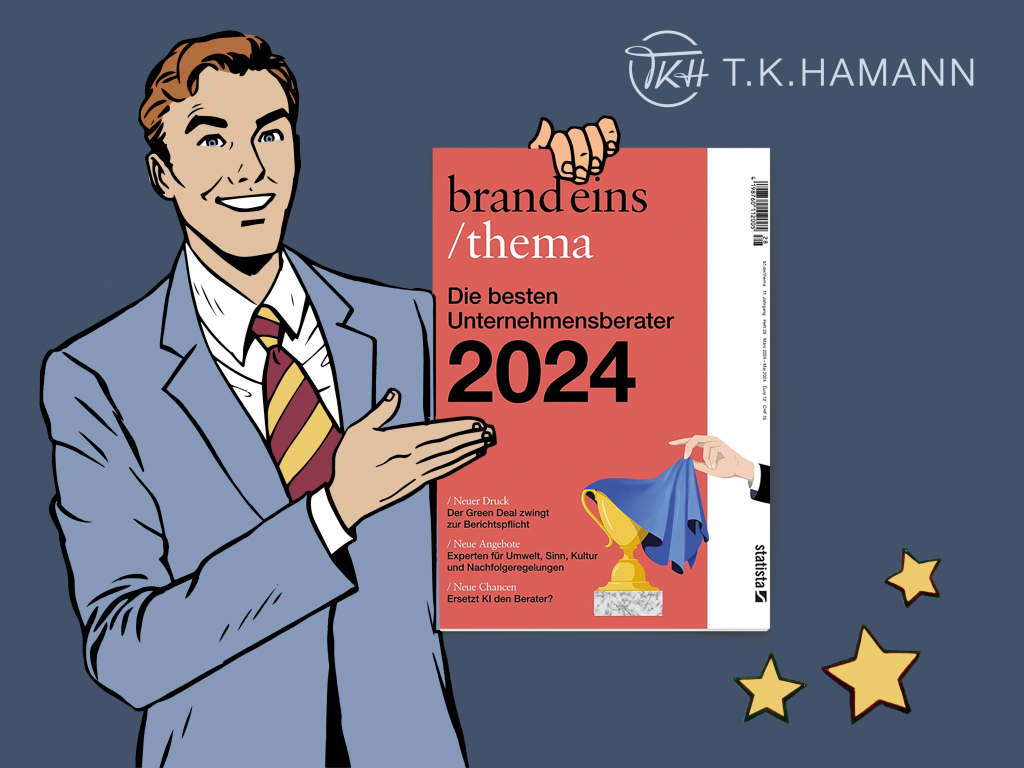 Best Consultants Germany 2024 brand eins award illustration with businessman presenting magazine.