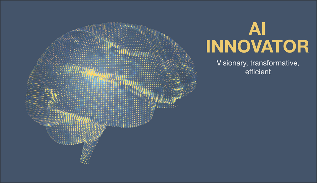 AI Innovator Award graphic with glowing digital brain and futuristic neural network.