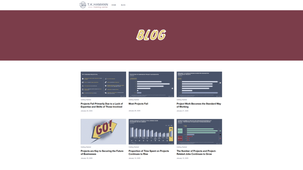 T. K. HAMANN training center's blog press and news page with article preview grid.