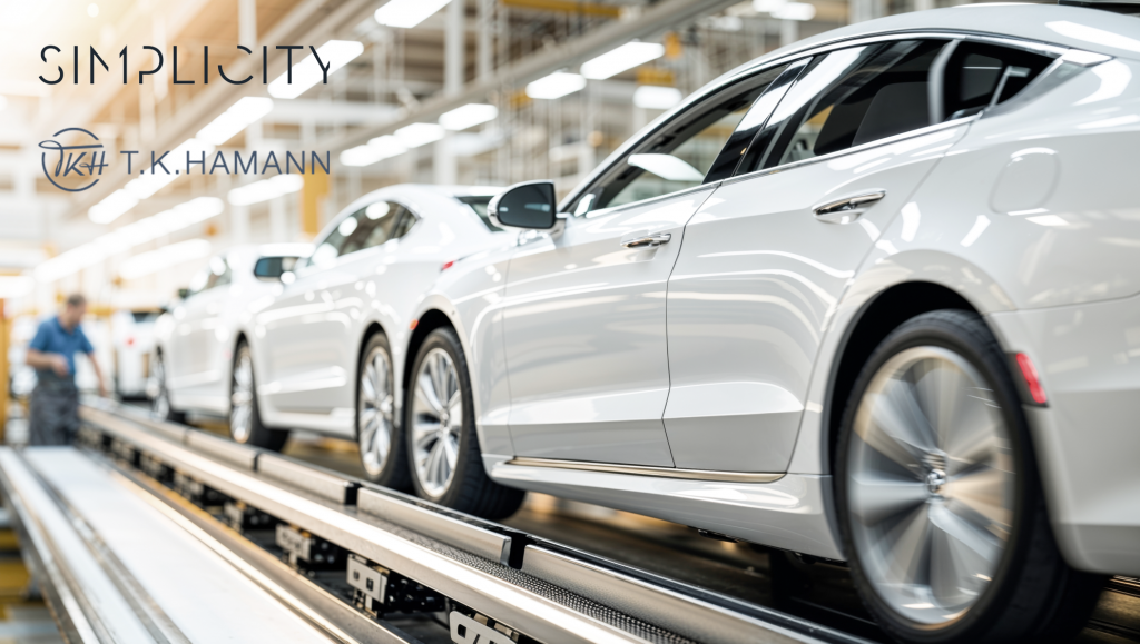 White sedans on modern automotive assembly line for SIMPLICITY Management Consulting.