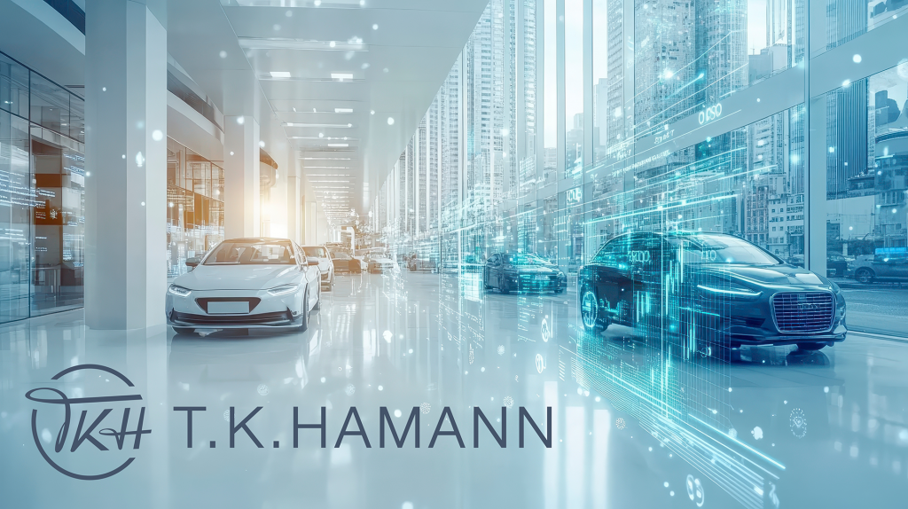 Futuristic connected car showroom with digital mobility data and consulting innovation.